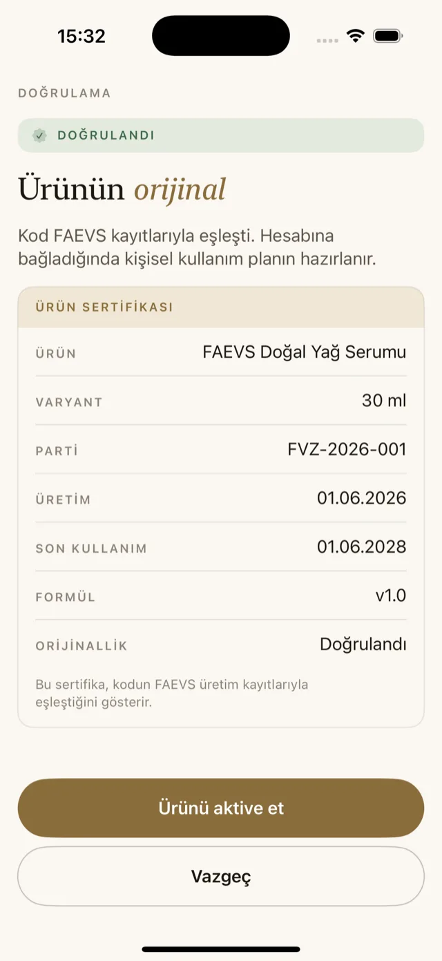 FAEVS uygulamasında ürün sertifikası ekranı: parti, üretim ve son kullanım bilgisiyle doğrulanmış serum